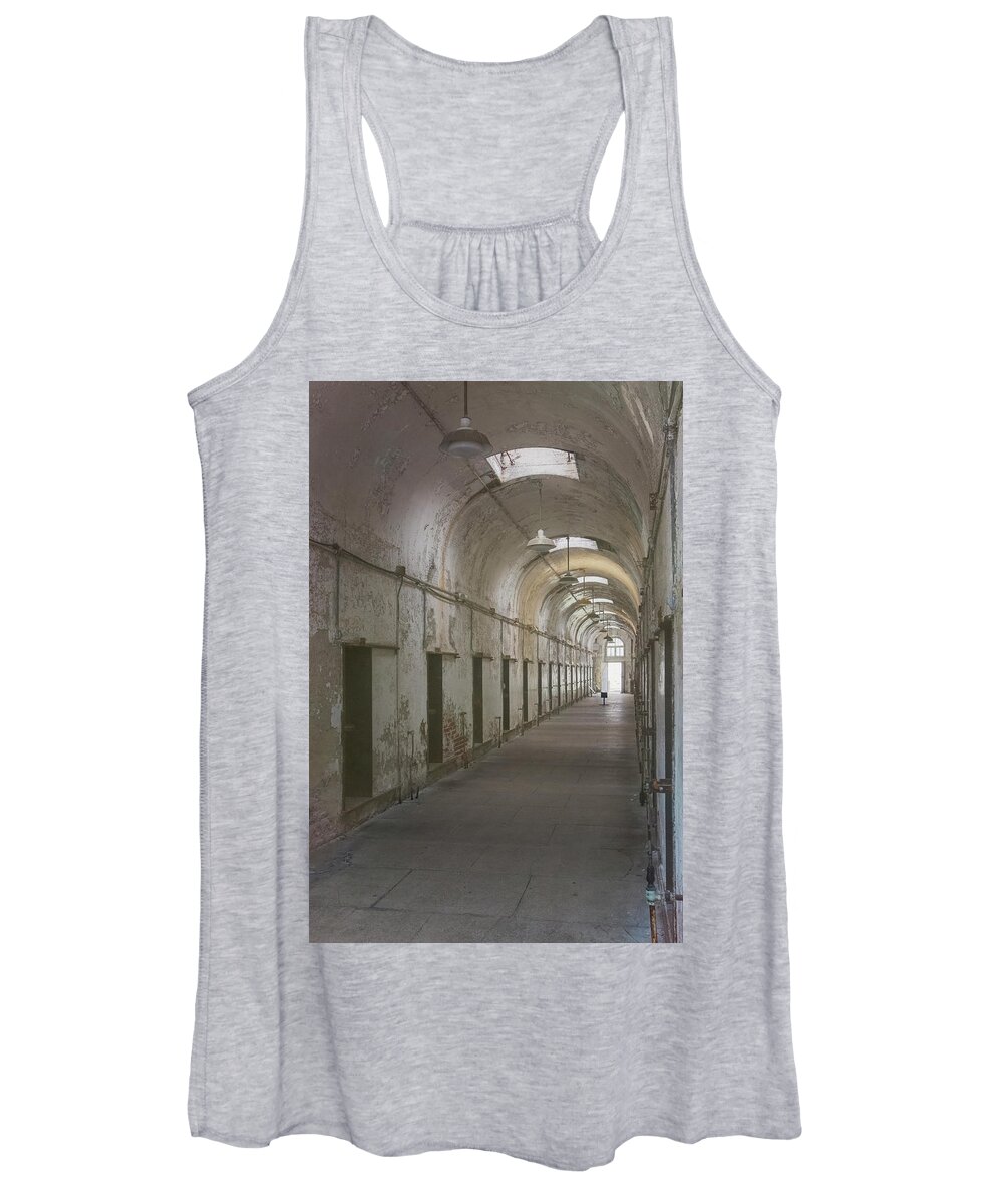 Eastern State Penitentiary Women's Tank Top featuring the photograph Cellblock Hallway by Tom Singleton