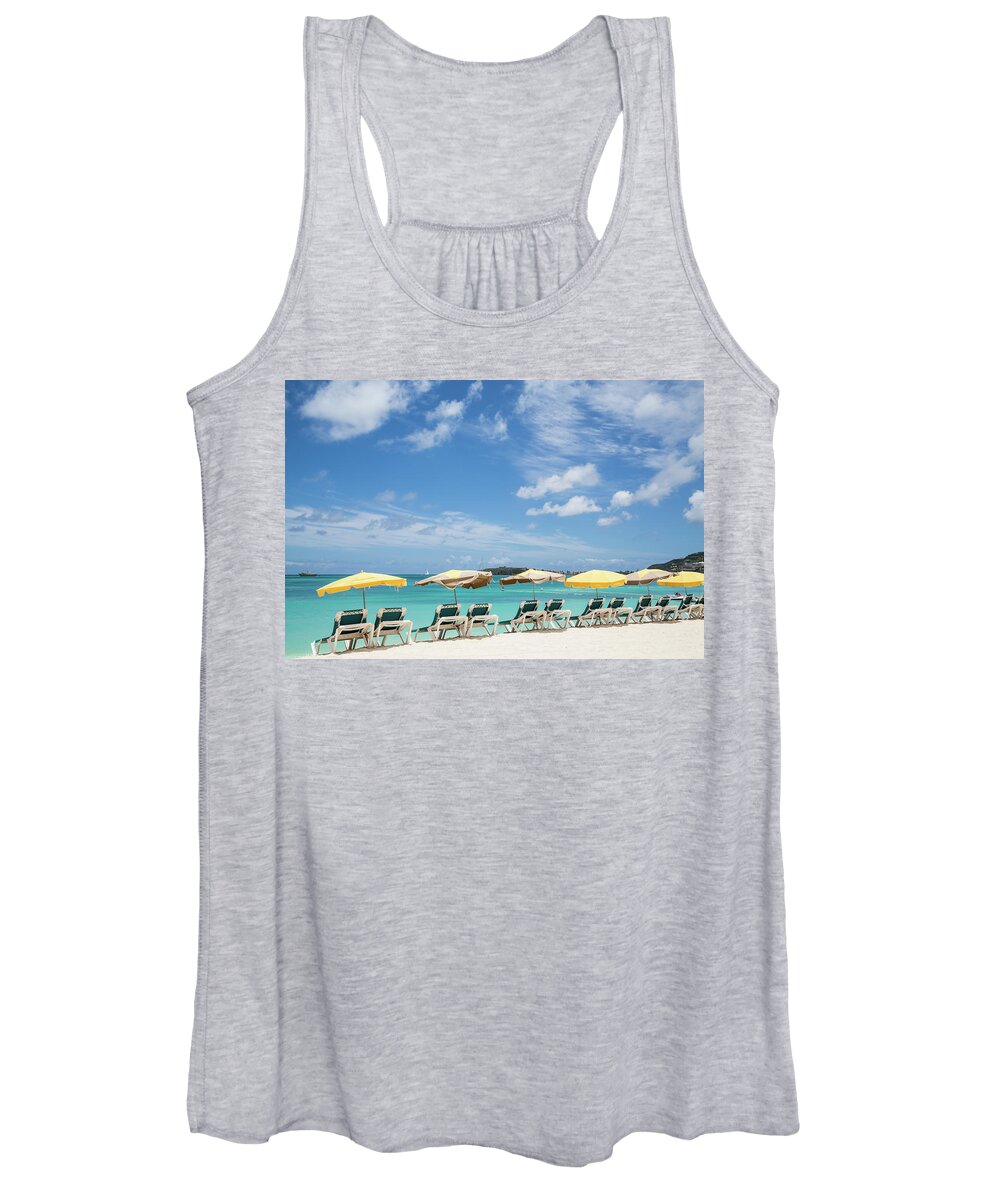 Beach Women's Tank Top featuring the photograph Chaise Lounges Under Umbrellas on Beach by Darryl Brooks