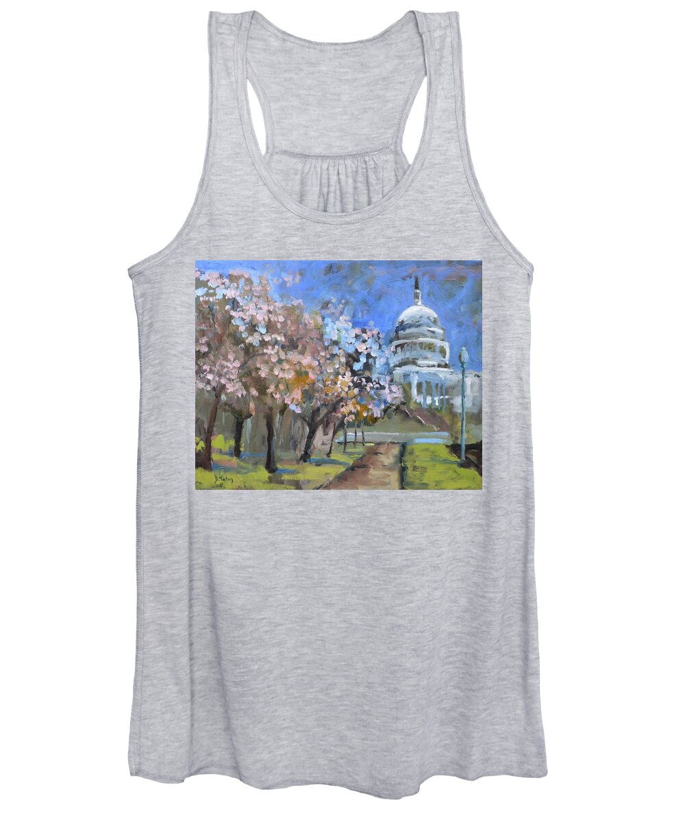 Capitol Women's Tank Top featuring the painting Cherry Tree Blossoms in Washington DC by Donna Tuten