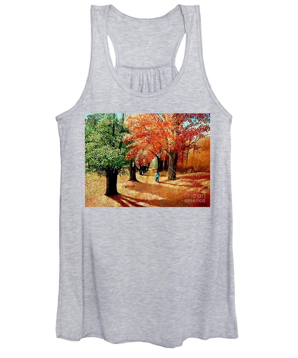 Fall Women's Tank Top featuring the painting Child walking into the Autumn Forest by Christopher Shellhammer
