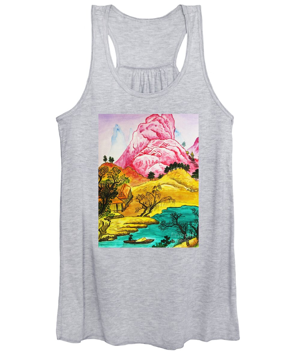 Hand Drawn Women's Tank Top featuring the painting Chinese landscape by Irina Afonskaya