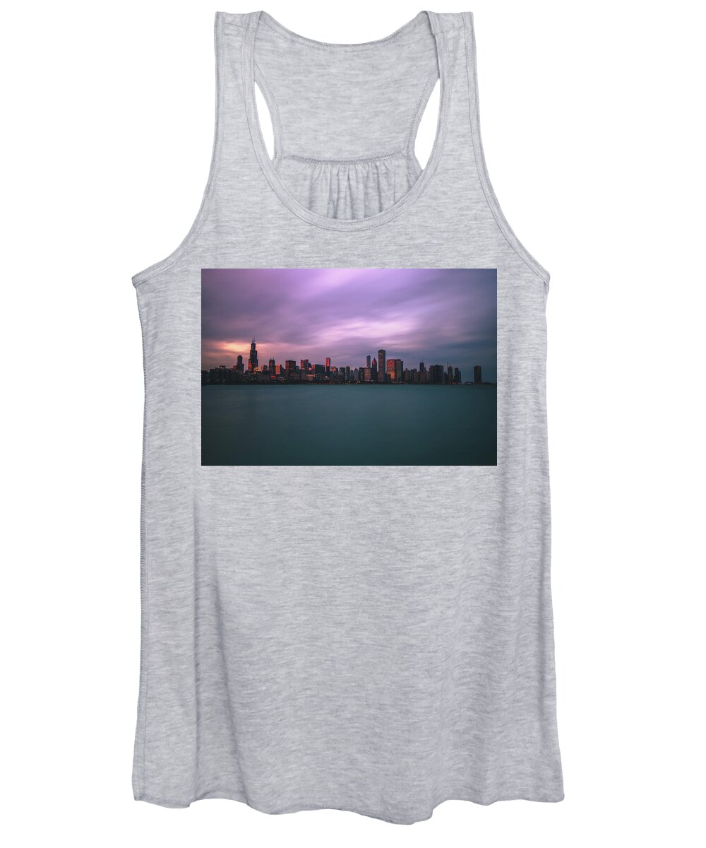 Chicago Women's Tank Top featuring the photograph Cloudy sunset Chicago skyline by Jay Smith