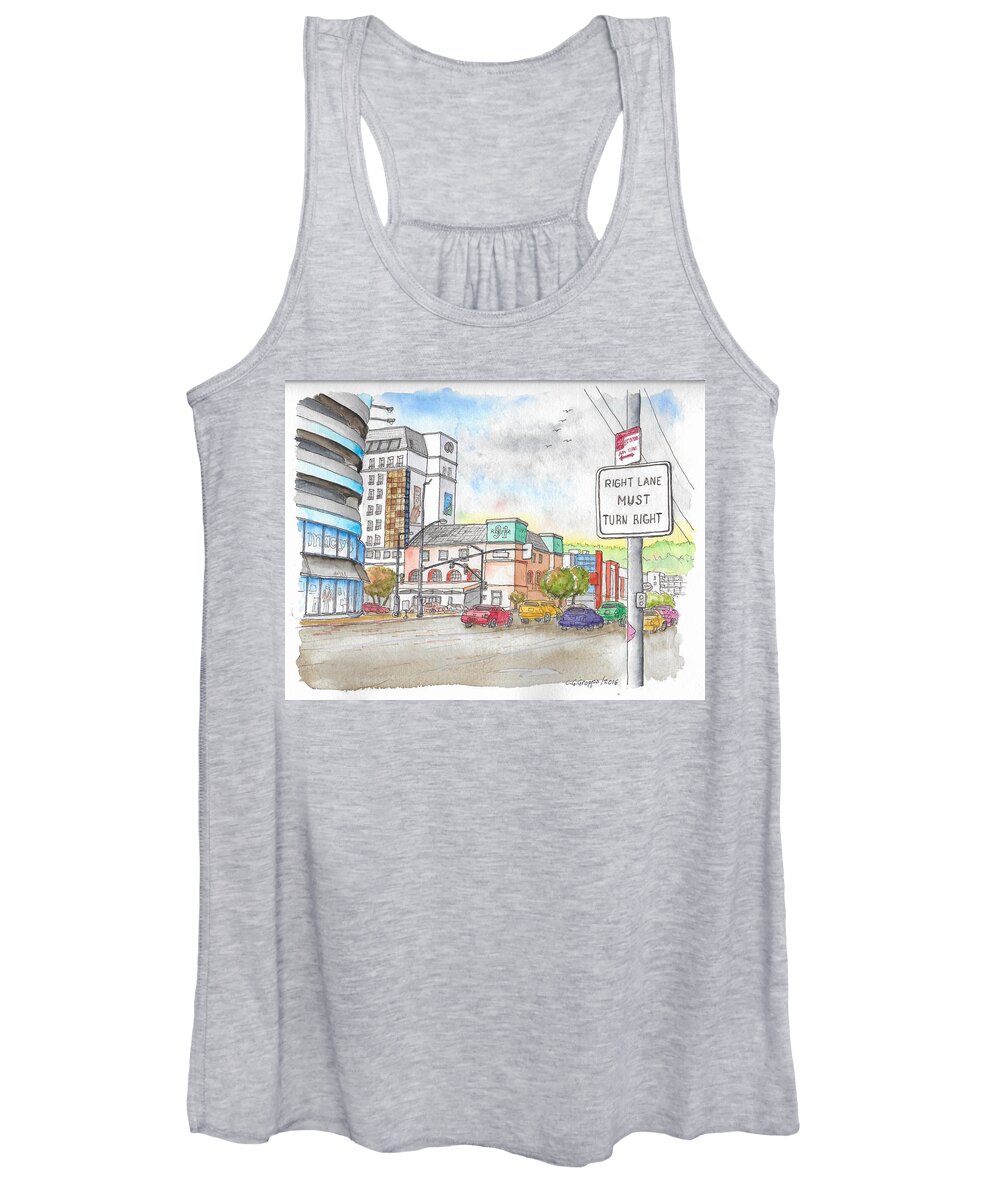 Corners Women's Tank Top featuring the painting Corner La Cienega Blvd. and Beverly Blvd., Sofitel Hotel, West Hollywood, CA by Carlos G Groppa