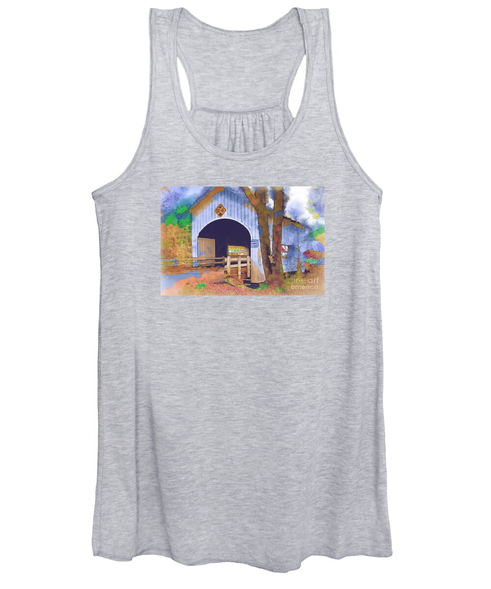 Covered-bridge Women's Tank Top featuring the digital art Covered Bridge In Watercolor by Kirt Tisdale