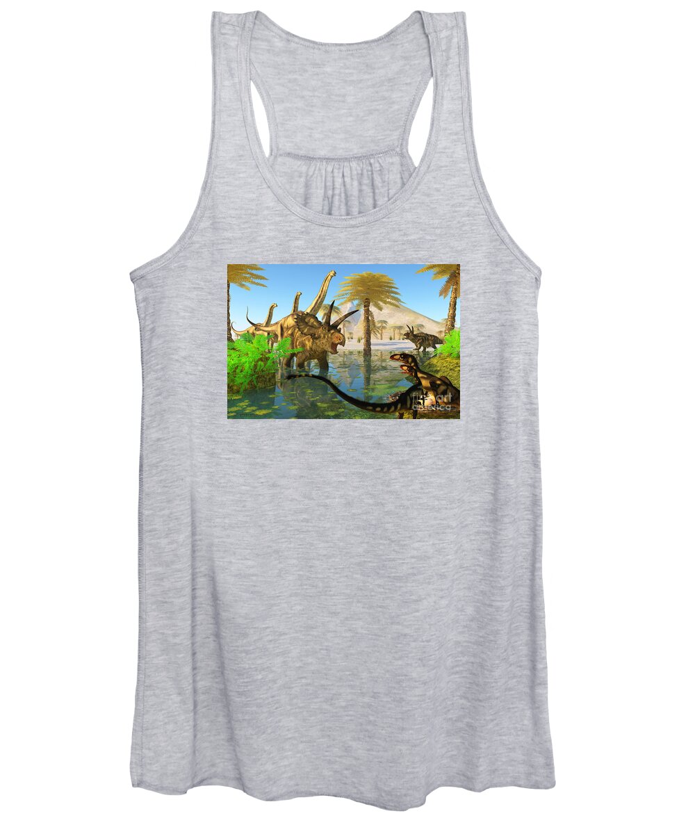 Coahuilaceratops Women's Tank Top featuring the painting Cretaceous Swamp by Corey Ford