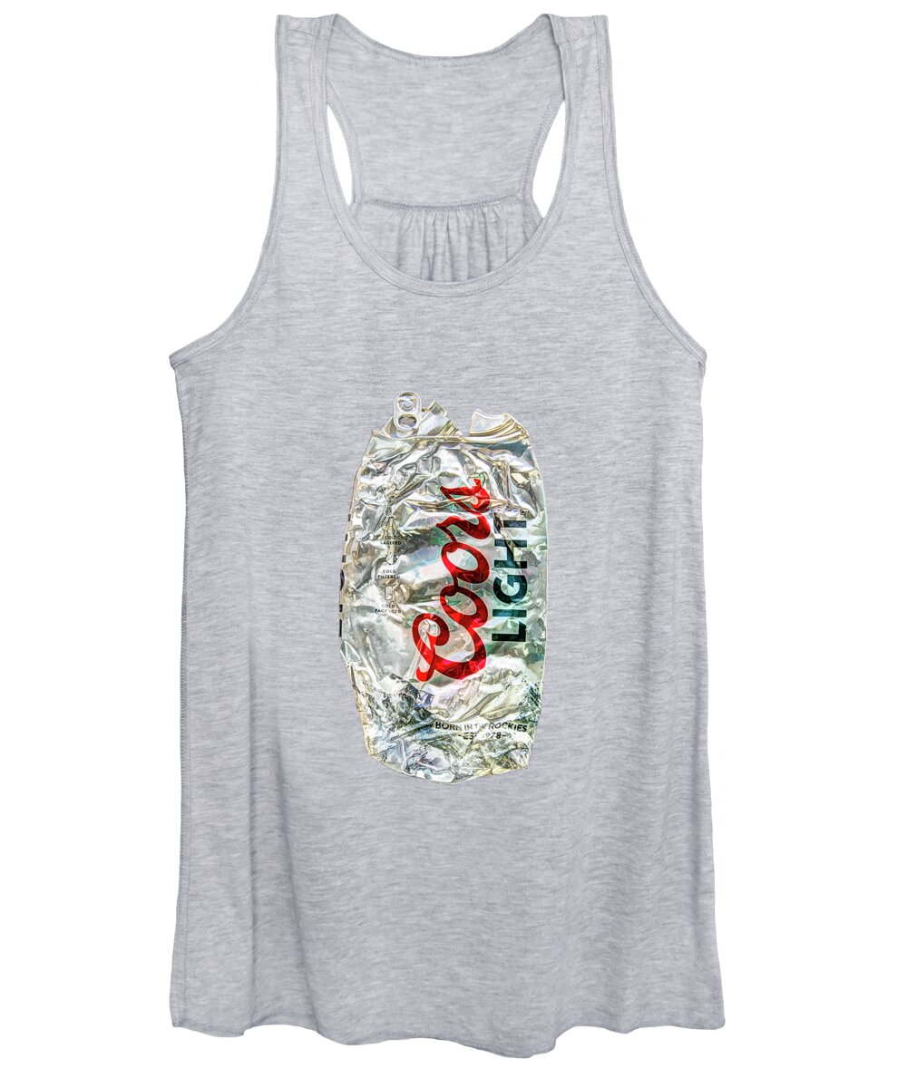 Black Women's Tank Top featuring the photograph Crushed Light Silver Beer Can on BW Plywood 79 by YoPedro