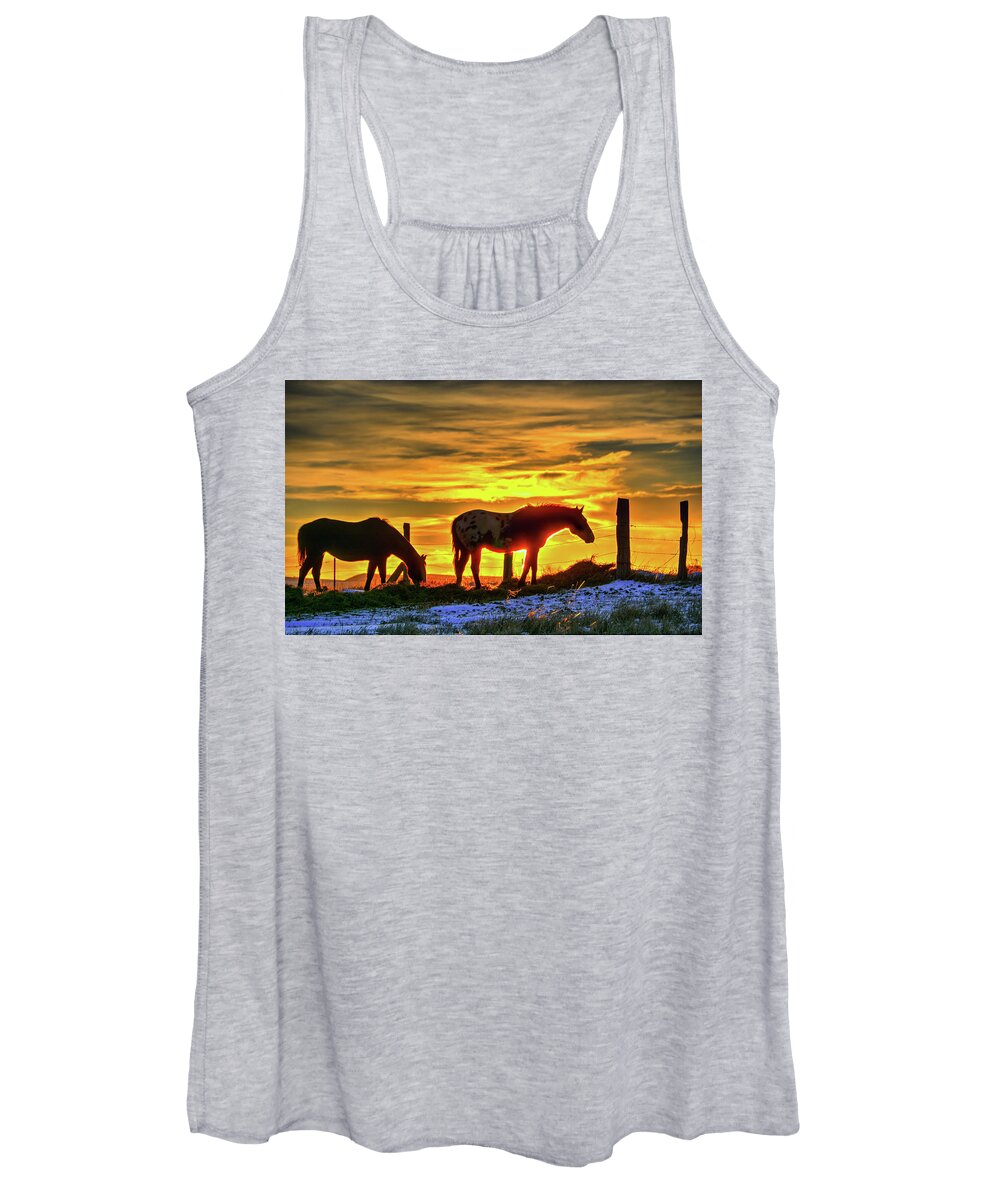 Dawn Women's Tank Top featuring the photograph Dawn Horses by Fiskr Larsen
