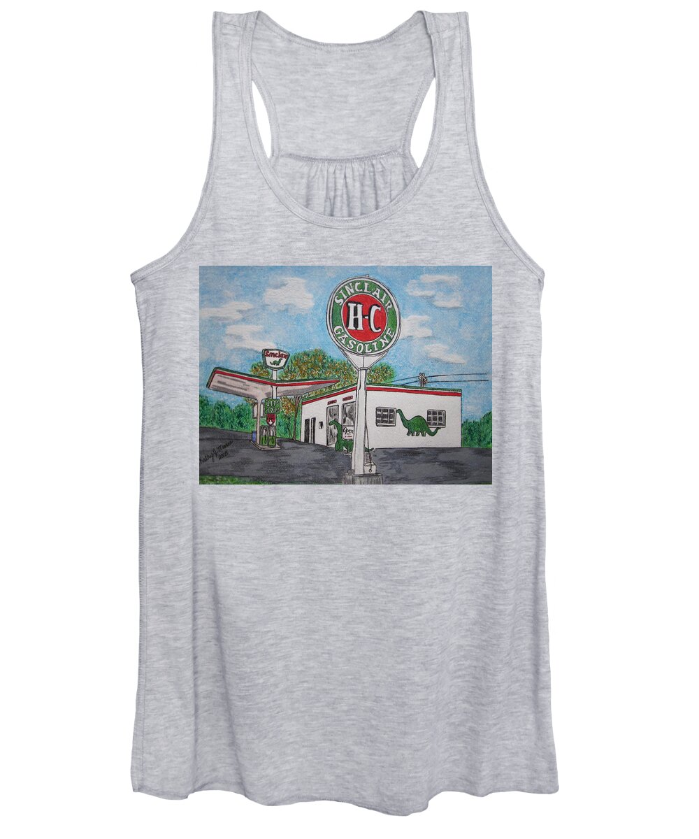 Dino Women's Tank Top featuring the painting Dino Sinclair Gas Station by Kathy Marrs Chandler