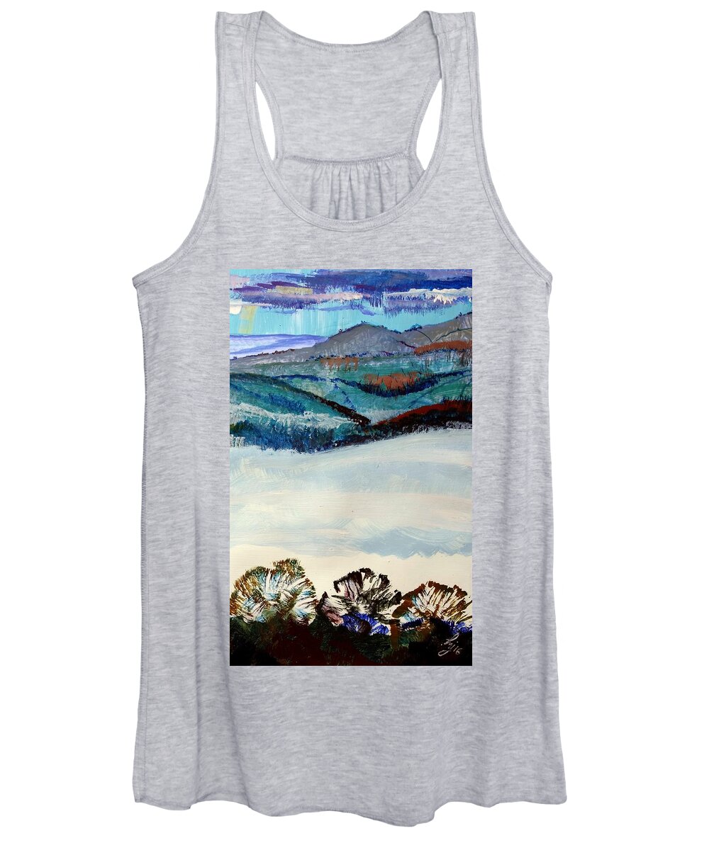Mist Women's Tank Top featuring the painting Distant hills and mist in the lowlands landscape by Mike Jory