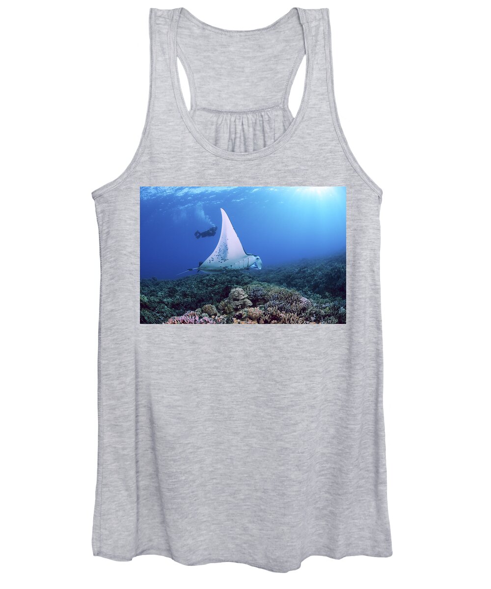 Blue Women's Tank Top featuring the photograph Diver and Ray by Dave Fleetham - Printscapes