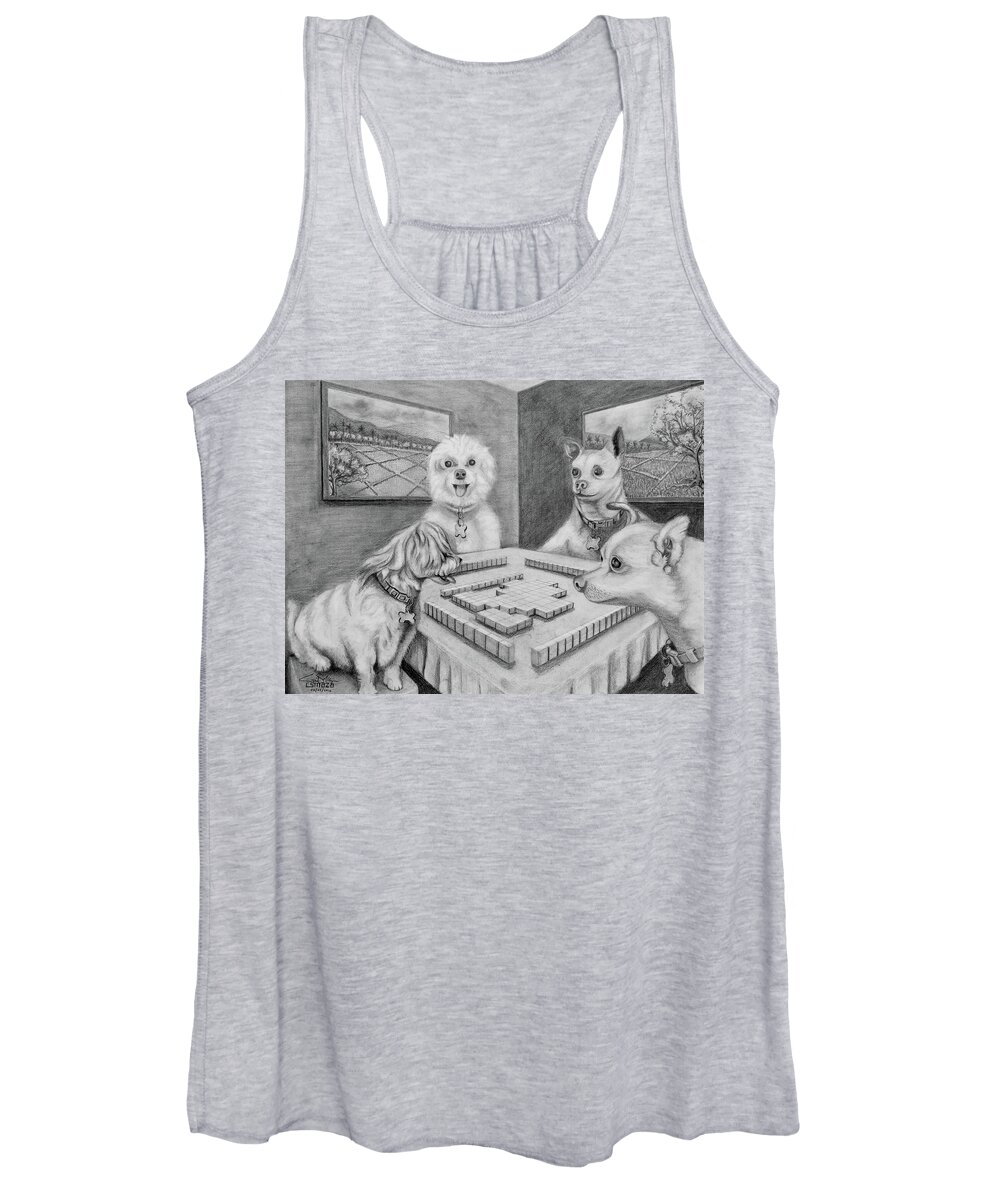 Dogs Women's Tank Top featuring the drawing Dogs Playing Mahjong by Cyril Maza
