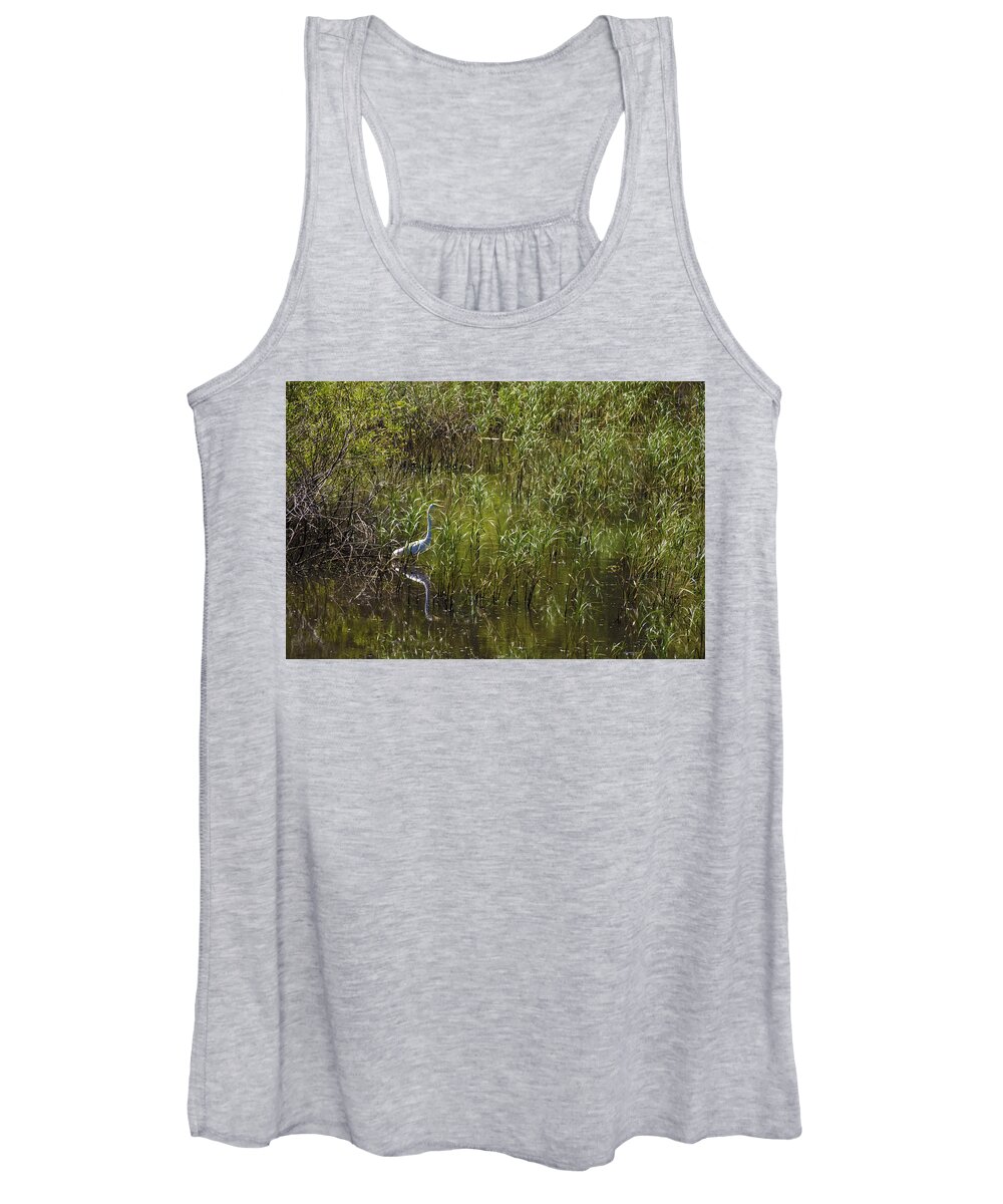 Heron Women's Tank Top featuring the photograph Egret Hunting in Reeds by Lynn Hansen
