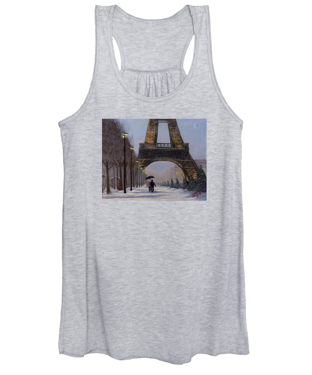 Snow Women's Tank Top featuring the painting Eiffel Tower in the snow by Dan Wagner