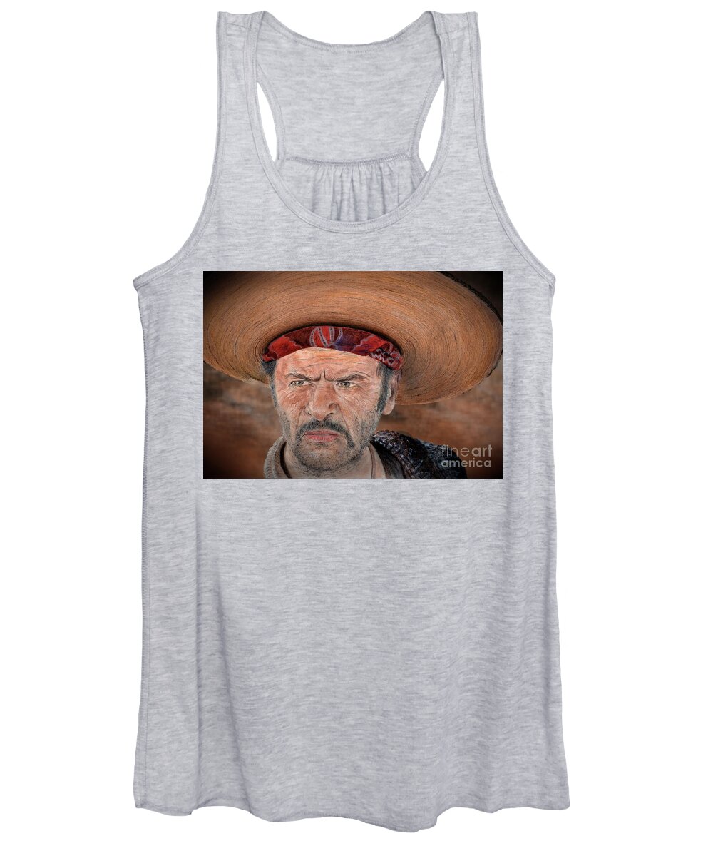 Eli Wallach As Tuco In The Good The Bad And The Ugly Women's Tank Top featuring the drawing Eli Wallach as Tuco in The Good the Bad and the Ugly Version II by Jim Fitzpatrick