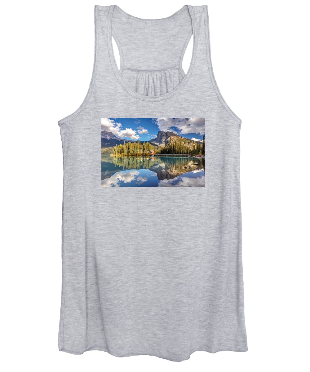 Emerald Lake Women's Tank Top featuring the photograph Emerald Lake Lodge Reflection by Pierre Leclerc Photography