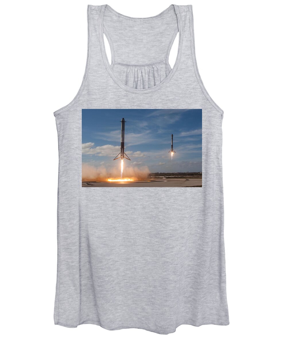 Dont Panic Women's Tank Top featuring the mixed media Falcon Heavy Double Sideboosters Landing by Filip Schpindel
