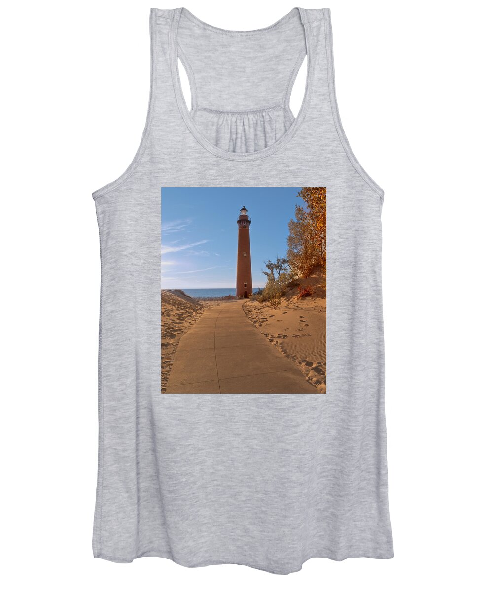 Petite Pointe Au Sable Women's Tank Top featuring the photograph Fall at Little Point Sable Light by Susan Rissi Tregoning