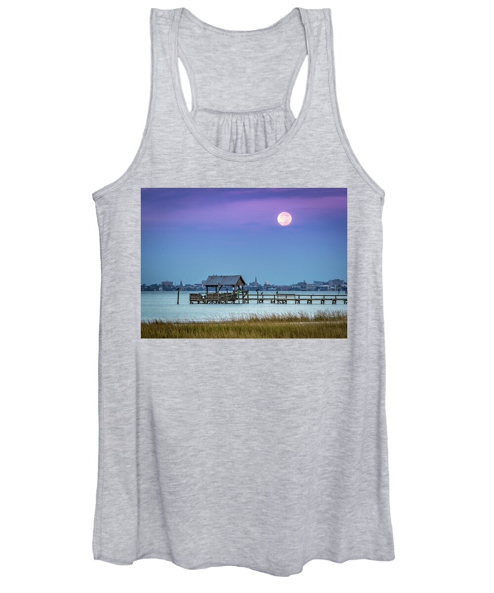 Full Moon Women's Tank Top featuring the photograph Fall Moon and King Tide - Charleston SC by Donnie Whitaker