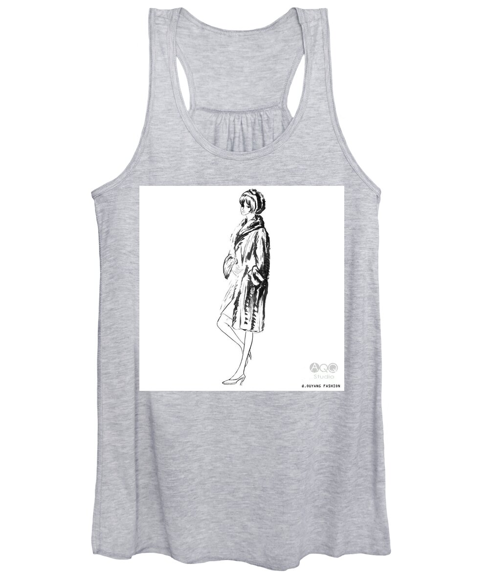 Black And White Fashion Art. Women's Tank Top featuring the painting Fashion Girl in Fur Coat by Leslie Ouyang