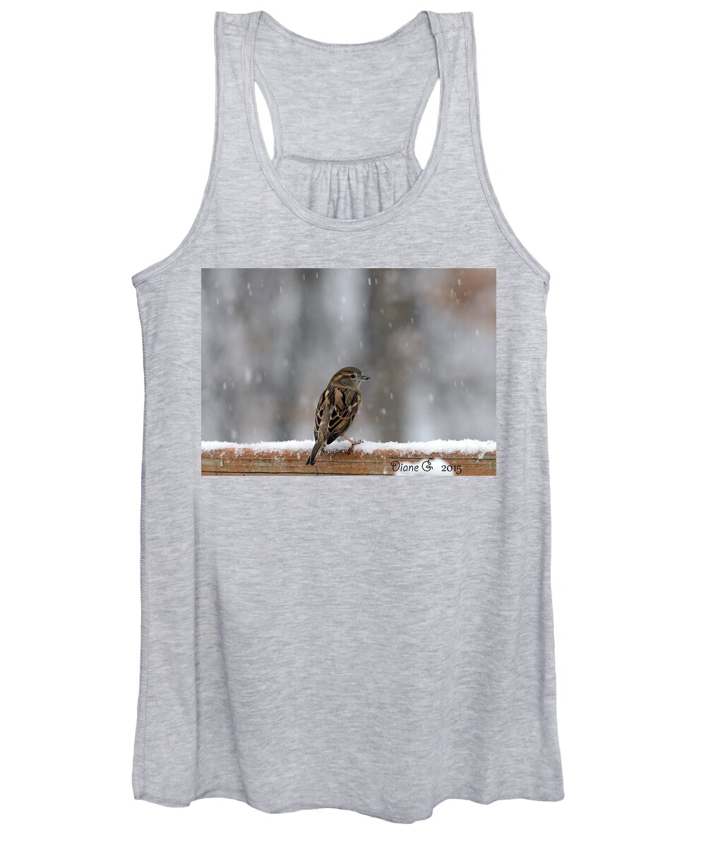 Female Sparrow In Snow Women's Tank Top featuring the photograph Female Sparrow in snow by Diane Giurco