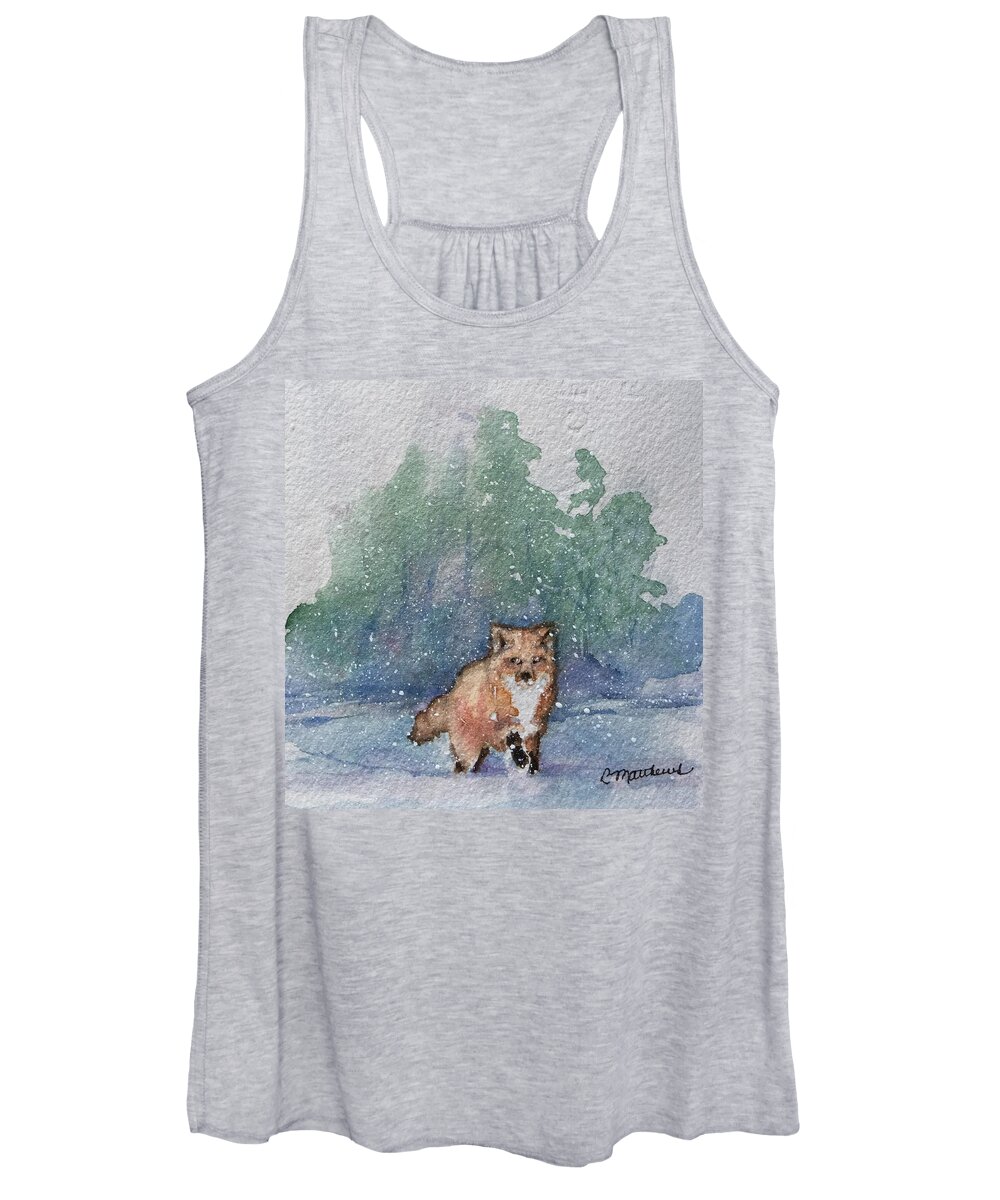 Christmas Cards By Rebecca Matthews Women's Tank Top featuring the painting Fox in snow by Rebecca Matthews
