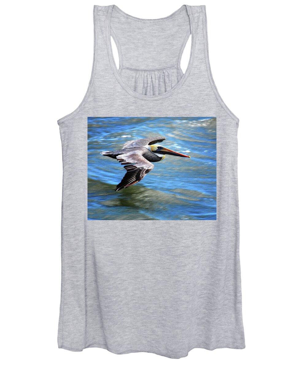 Flying Pelican Women's Tank Top featuring the photograph Flying Pelican by Peg Runyan