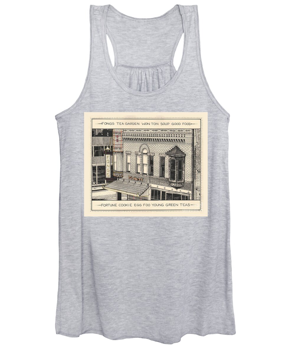 Pen And Ink Women's Tank Top featuring the drawing Fongs Tea Garden by Chholing Taha