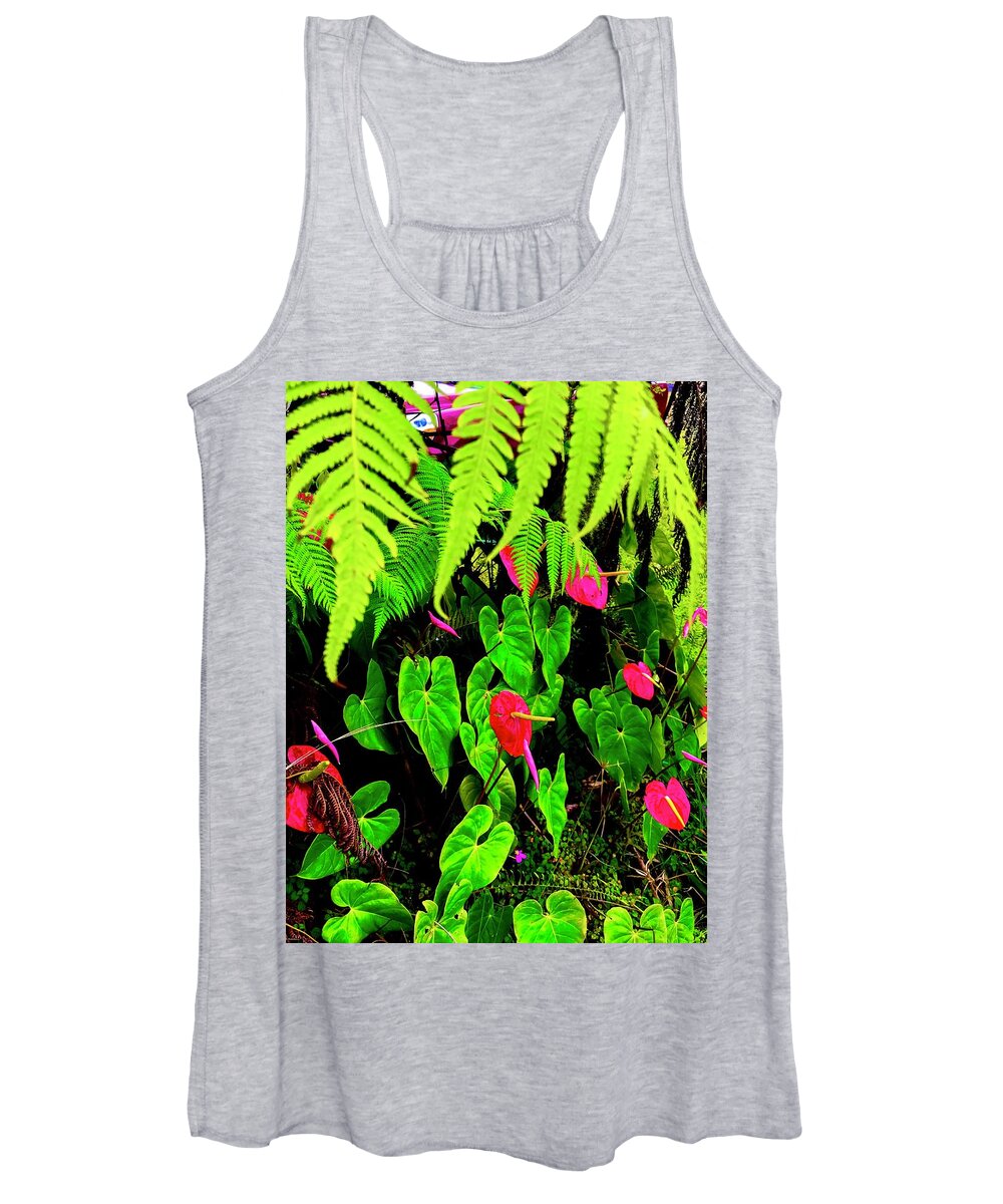 #anthuriums #flowersofaloha #francis #fern #aloha -#hawaii Women's Tank Top featuring the photograph Francis Anthuriums with Fern by Joalene Young