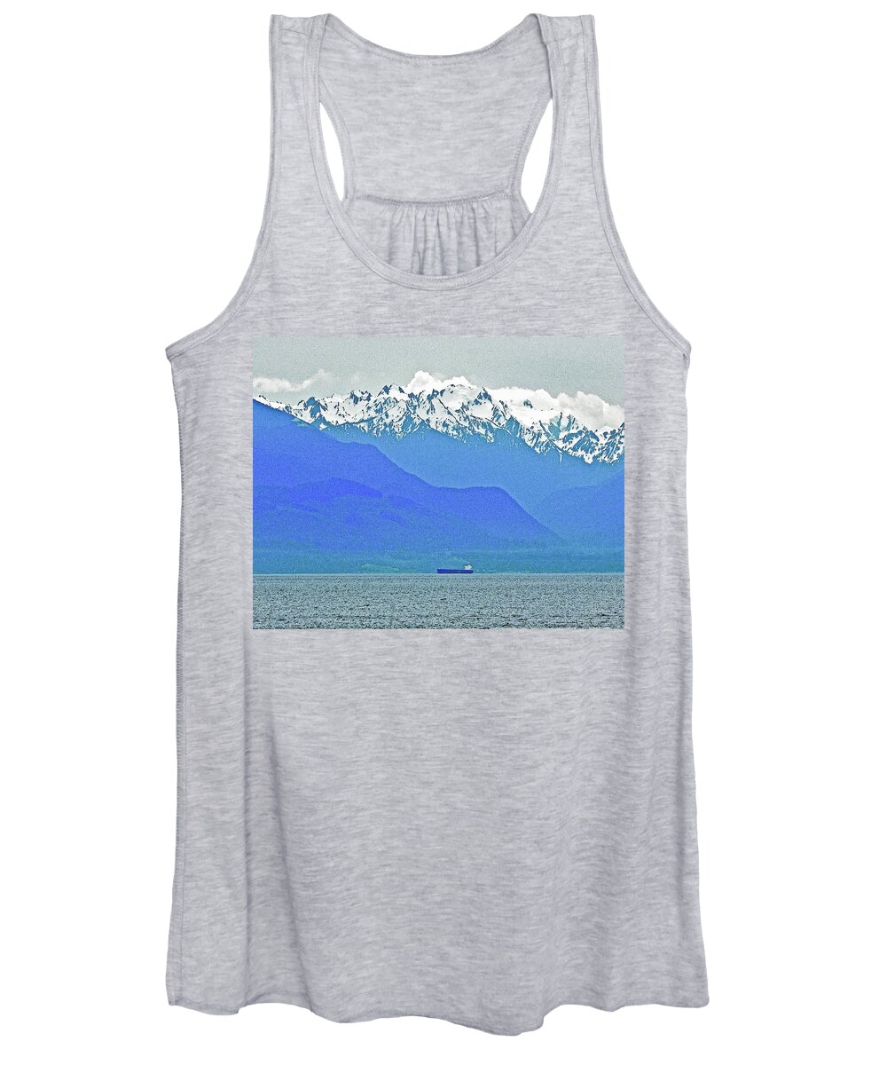 Olympic Mountains Women's Tank Top featuring the digital art Freighter Dwarfed by The Olympics by Gary Olsen-Hasek