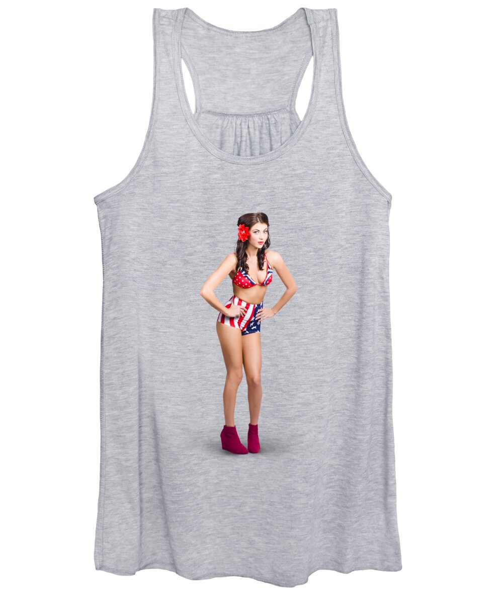 Pinup Women's Tank Top featuring the photograph Full body pin-up girl. American retro style by Jorgo Photography