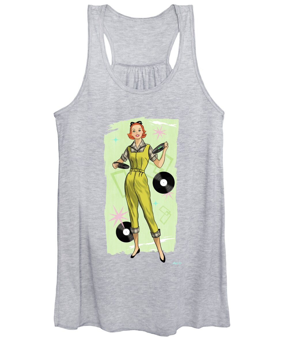  Mid-century Women's Tank Top featuring the painting Fun With Records by Little Bunny Sunshine