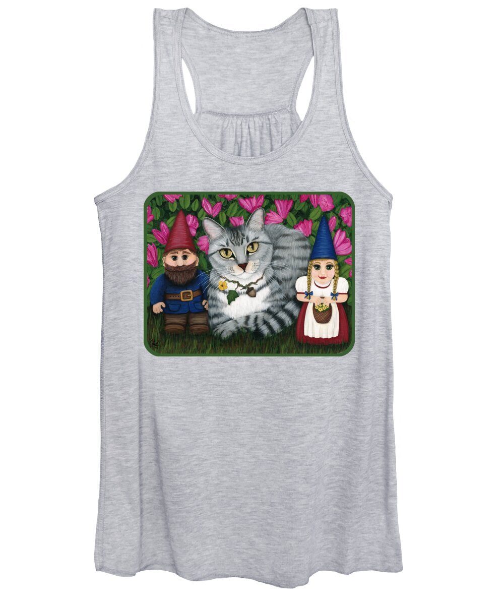 Silver Tabby Cat Women's Tank Top featuring the painting Garden Friends - Tabby Cat and Gnomes by Carrie Hawks
