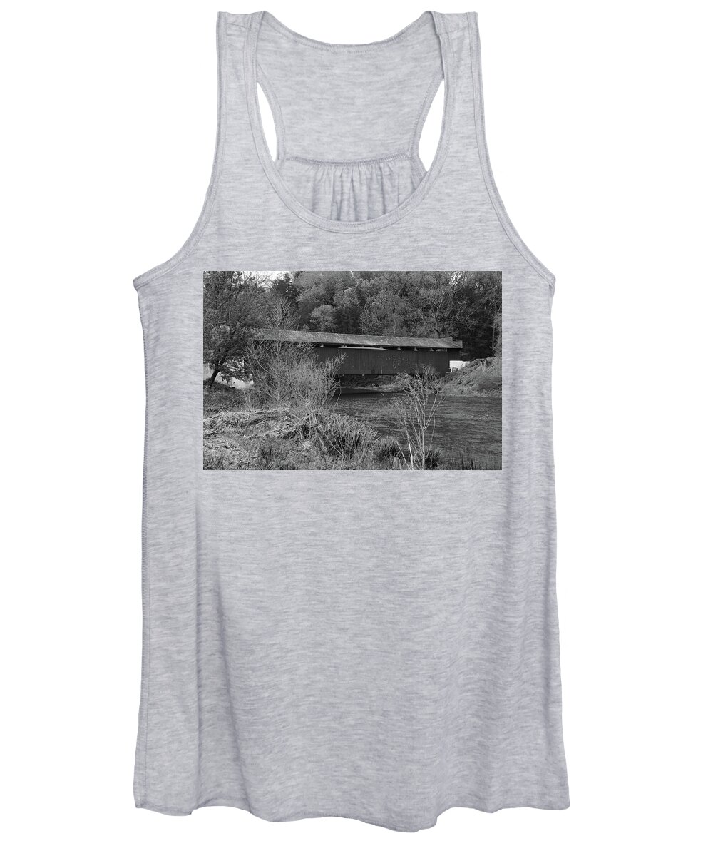 Covered Women's Tank Top featuring the photograph Geiger Covered Bridge b/w by Jennifer Ancker