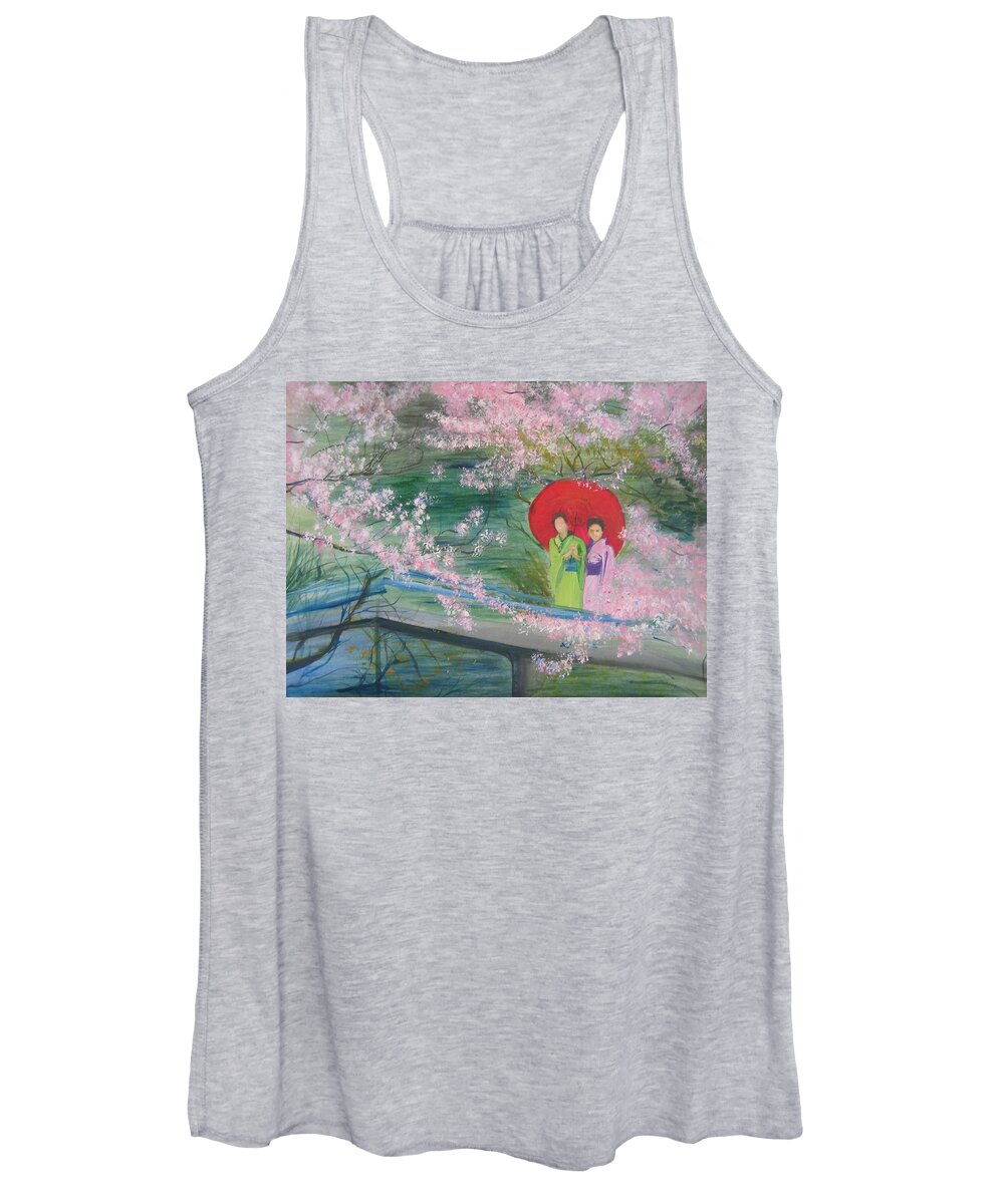 Landscape Women's Tank Top featuring the painting Geishas and Cherry Blossom by Lizzy Forrester