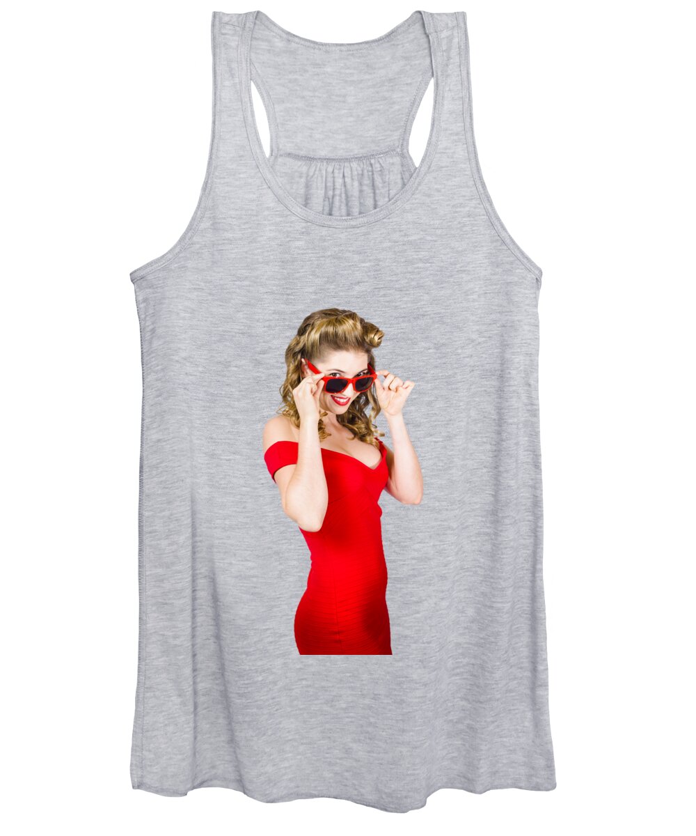 Sunglasses Women's Tank Top featuring the photograph Girl adjusting glasses to flashback a 1950s look by Jorgo Photography