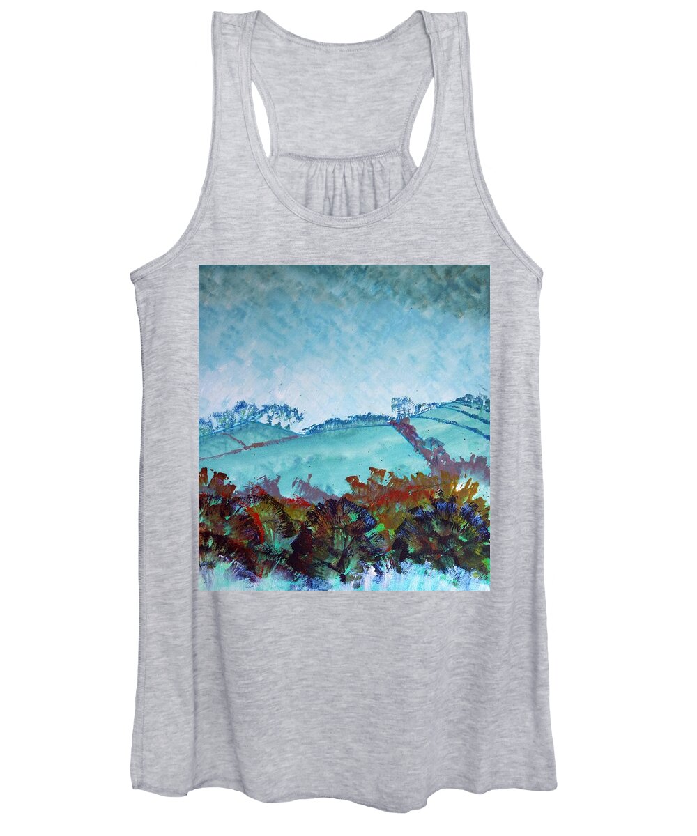 Gloomy Women's Tank Top featuring the painting Gloomy overcast cloudy day Devon rolling hills by Mike Jory
