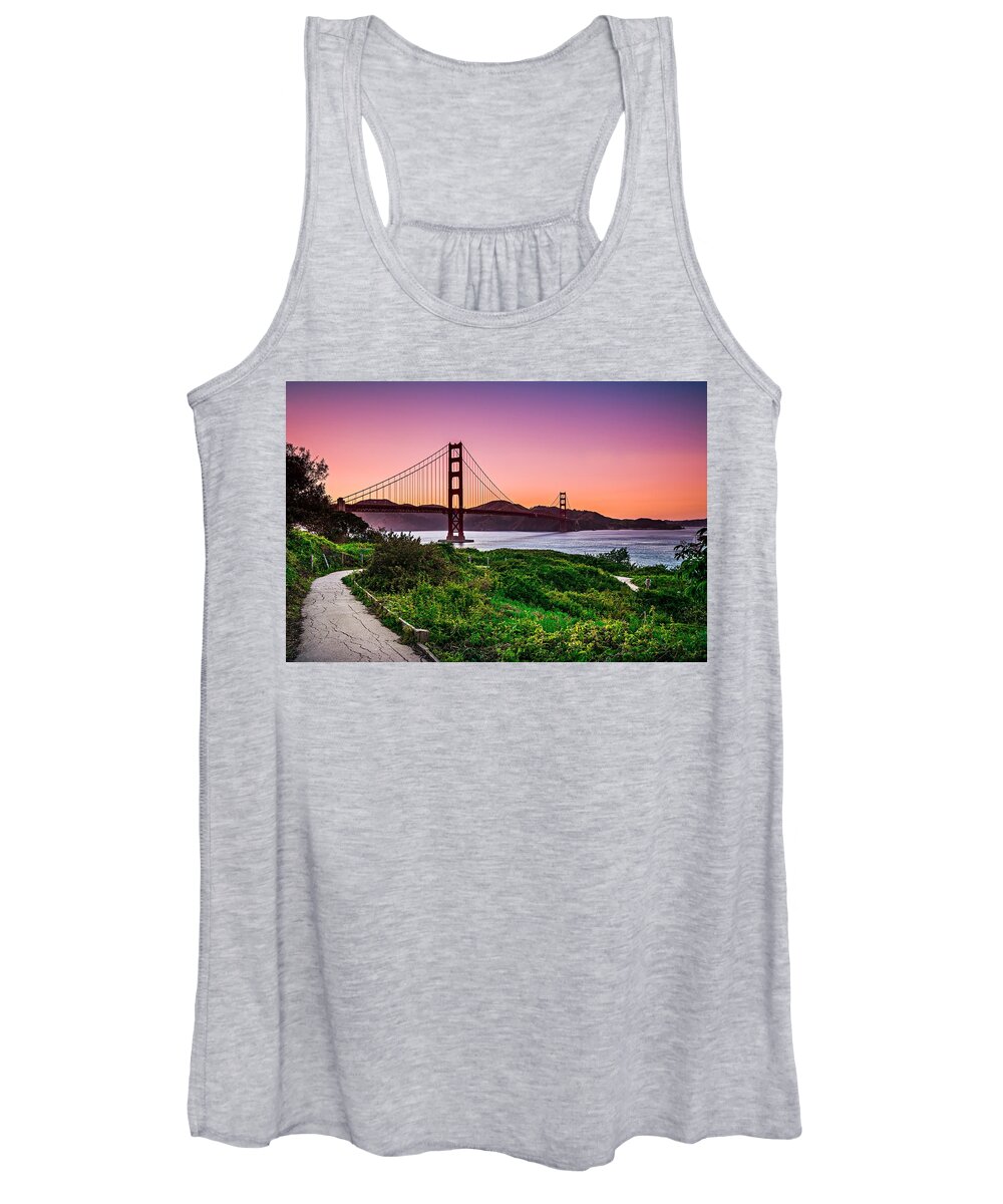 Golden Women's Tank Top featuring the photograph Golden Gate Bridge San Francisco California At Sunset by Alex Grichenko