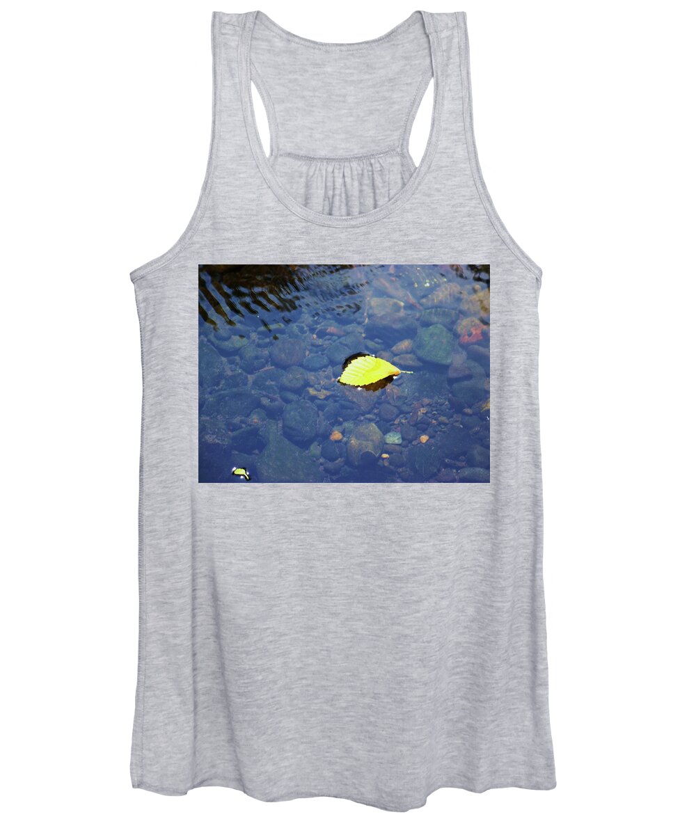 Golden Leaf Women's Tank Top featuring the photograph Golden Leaf on the Water by Julie Rauscher