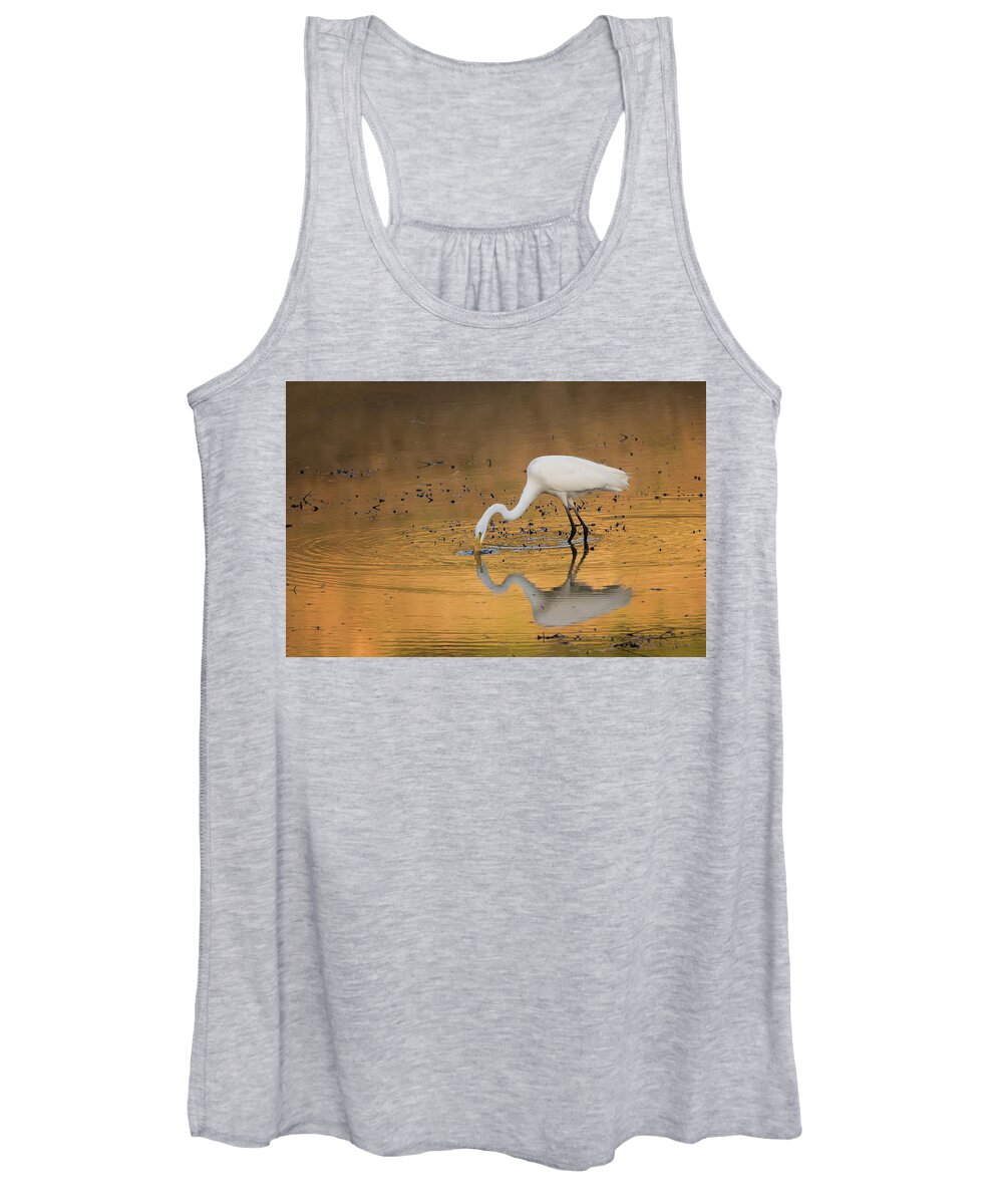 Egret Women's Tank Top featuring the photograph Golden Pond by Eilish Palmer