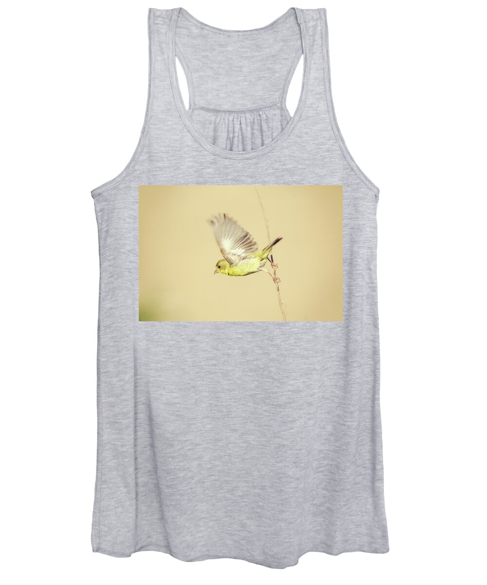 Bird Women's Tank Top featuring the photograph Goldfinch Flying Off by Susan Gary