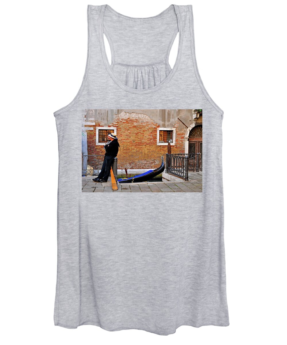 Gondolier Women's Tank Top featuring the photograph Gondolier Chit Chat - Venice, Italy by Denise Strahm