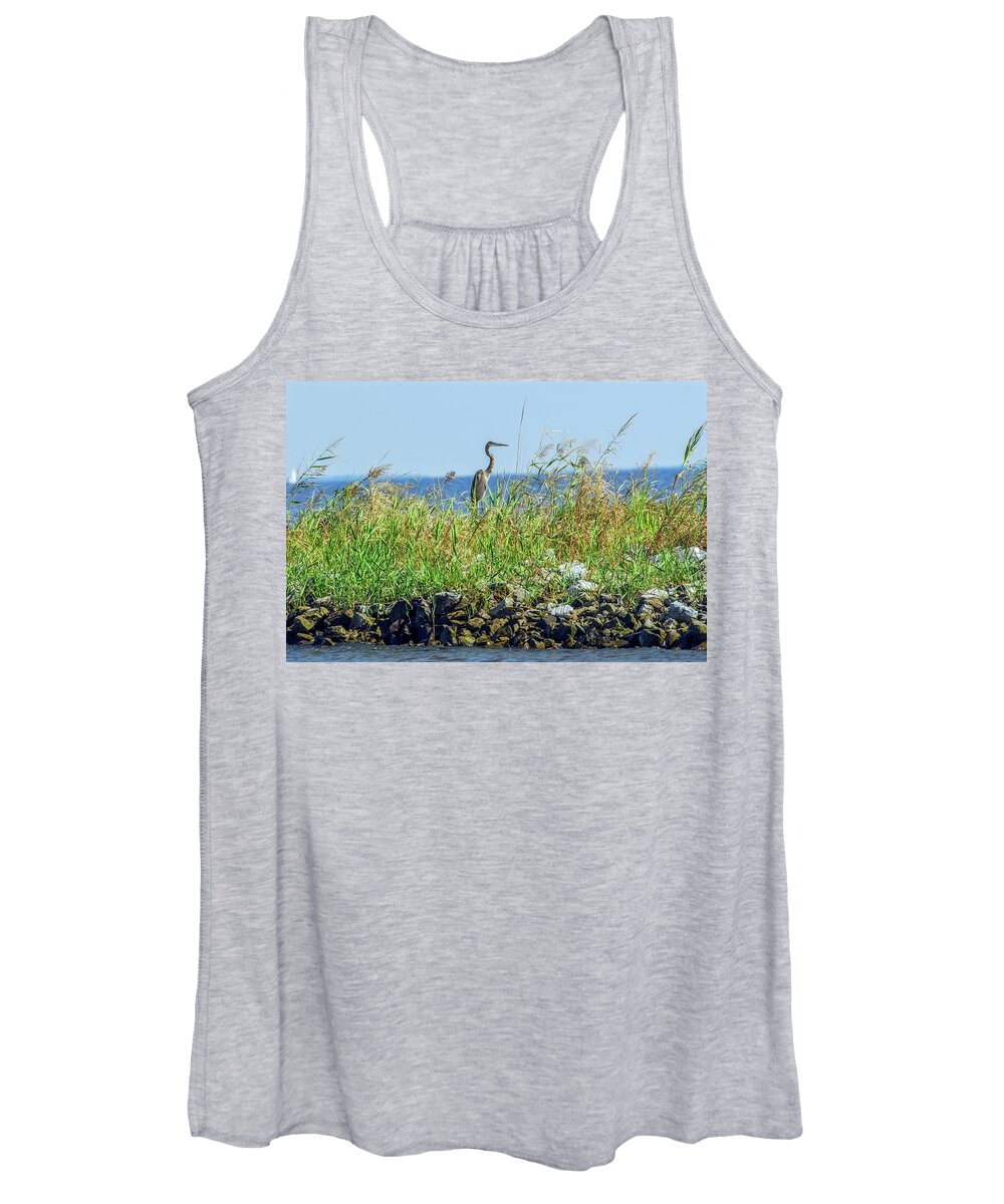 Ardea Herodias Women's Tank Top featuring the photograph Great Blue Heron on jetty by Patrick Wolf