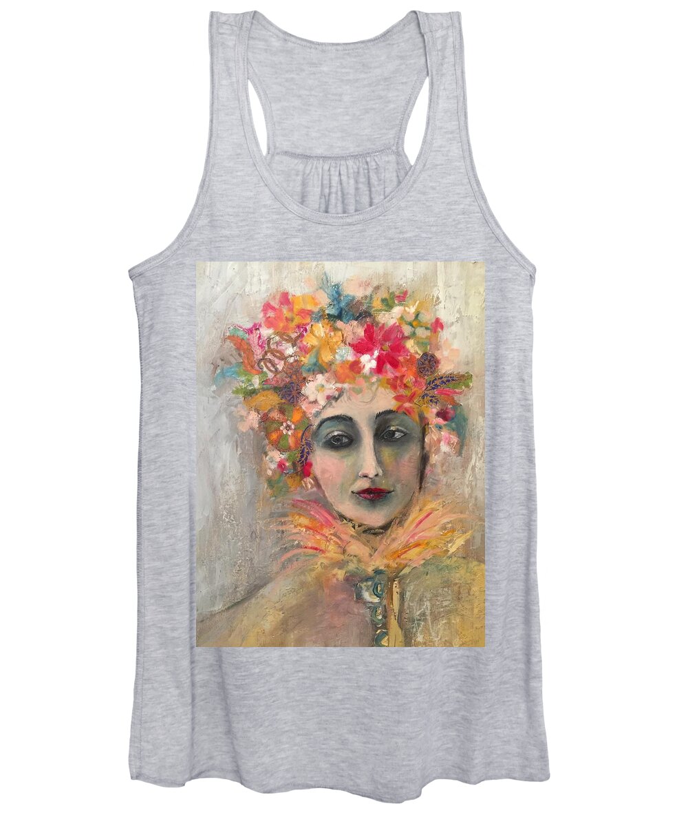 Women Flowers Contemporary Colorful Portrait Women's Tank Top featuring the mixed media Hedy Lamore by Janet Visser