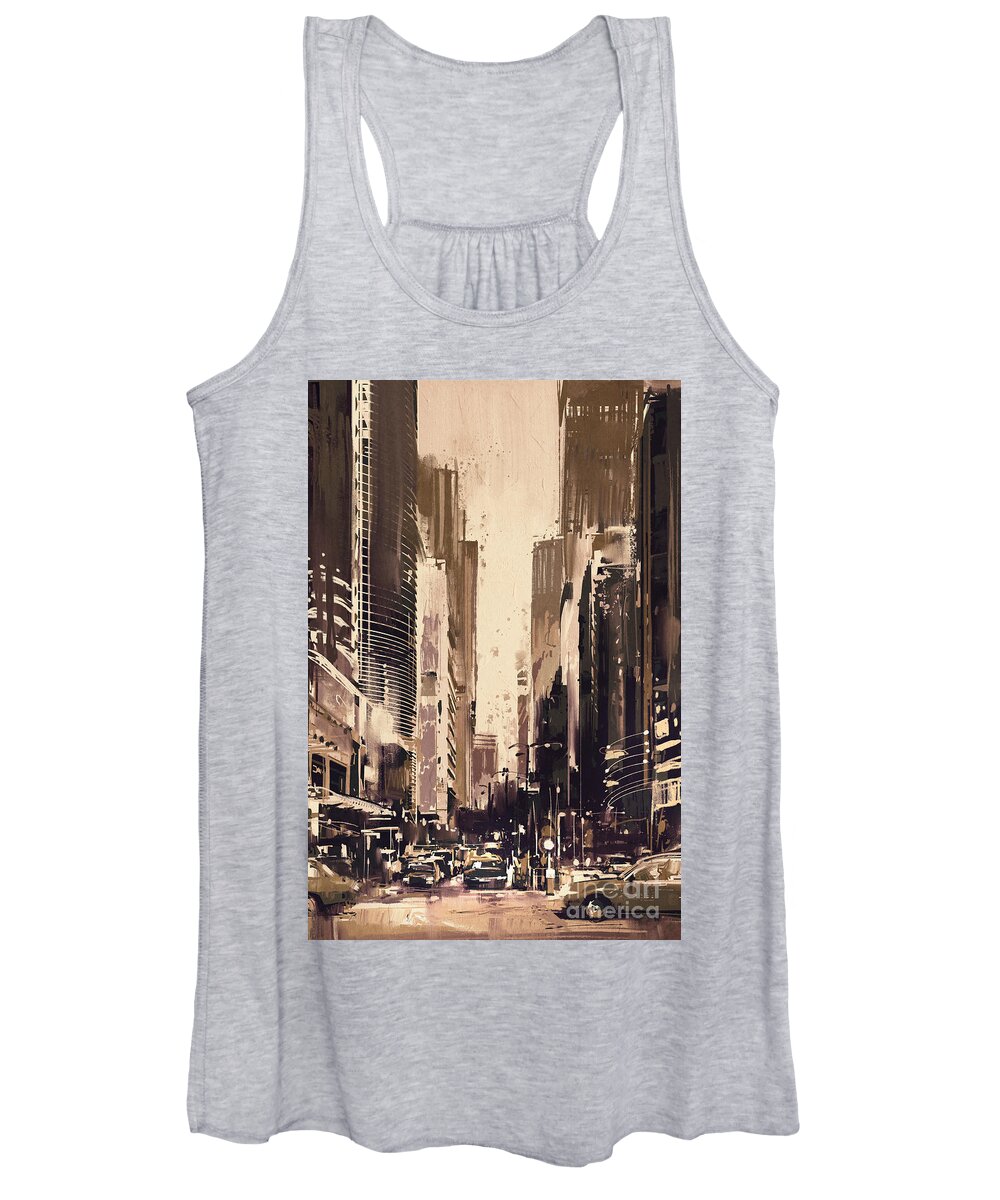 Acrylic Women's Tank Top featuring the painting Hong-Kong cityscape painting by Tithi Luadthong