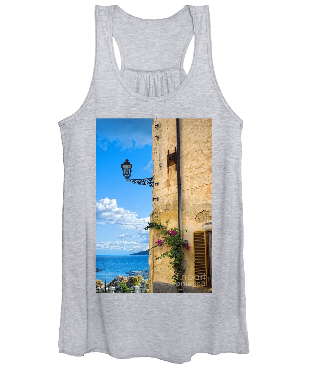 Architecture Women's Tank Top featuring the photograph House with bougainvillea street lamp and distant sea by Silvia Ganora