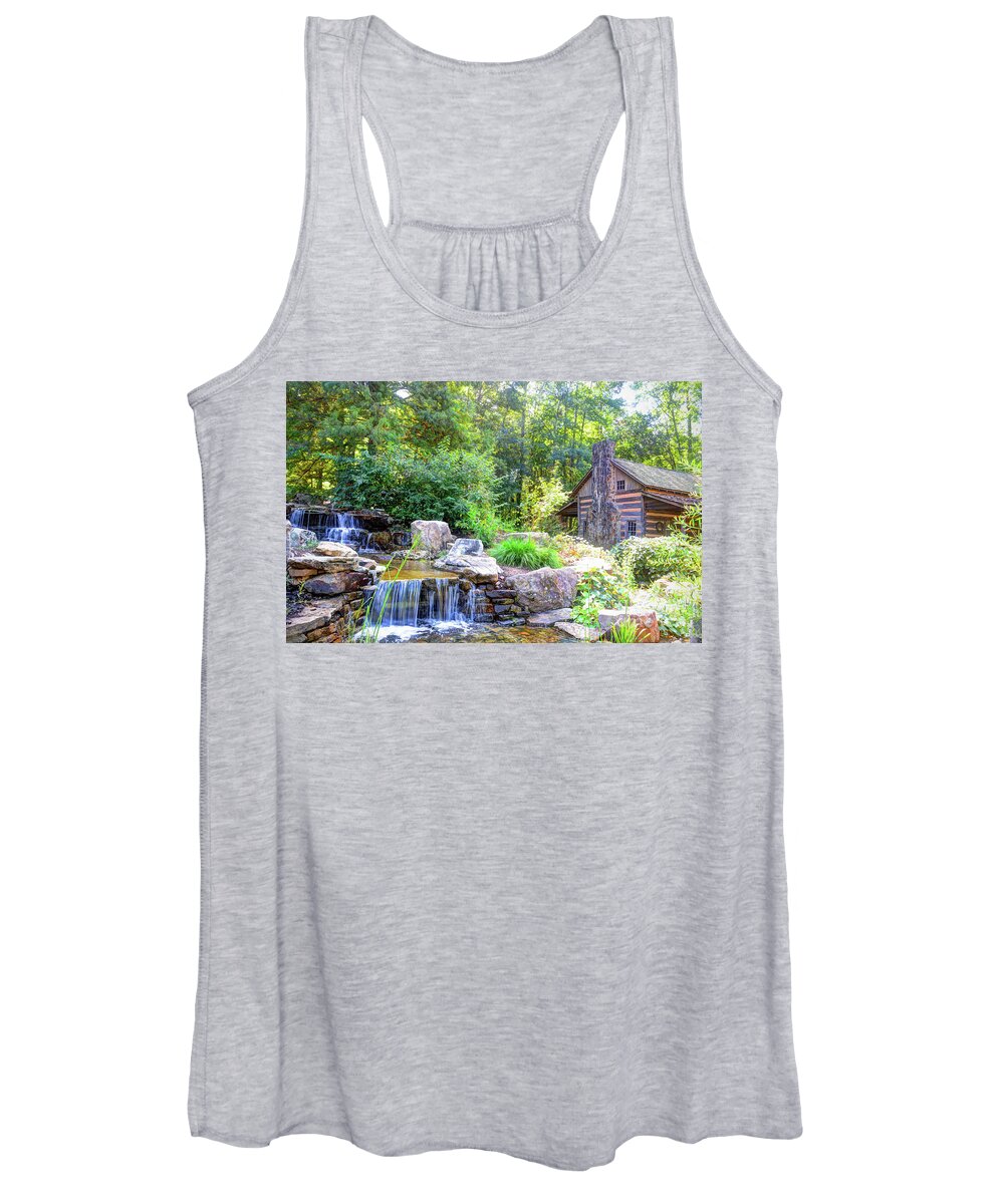 Hunt Cabin At The Botanical Gardens In Clemson Women's Tank Top featuring the photograph Hunt Cabin at the Botanical Gardens by Savannah Gibbs