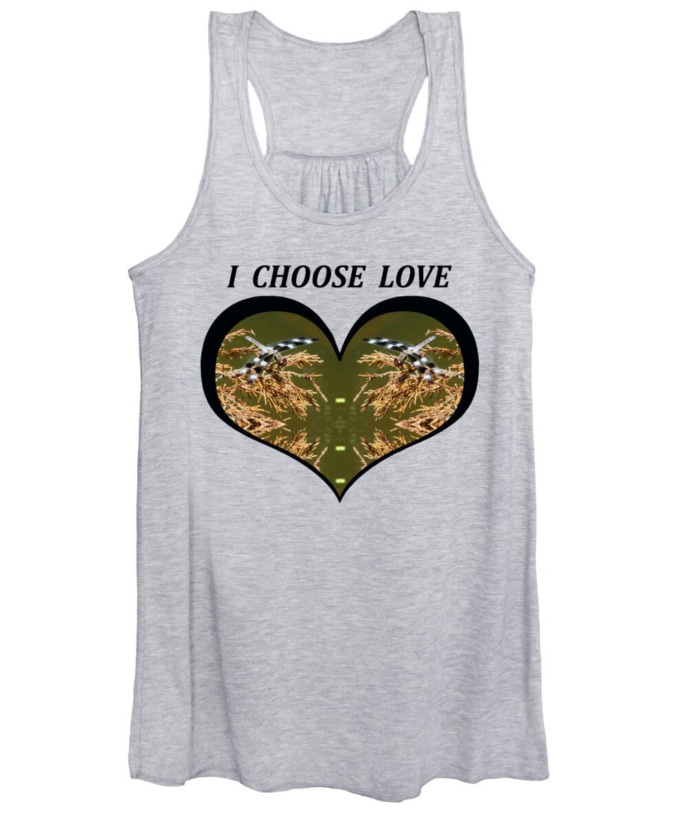 Love Women's Tank Top featuring the digital art I Choose Love with Black and White Dragonflies on Golden Leave in a Heart by Julia L Wright