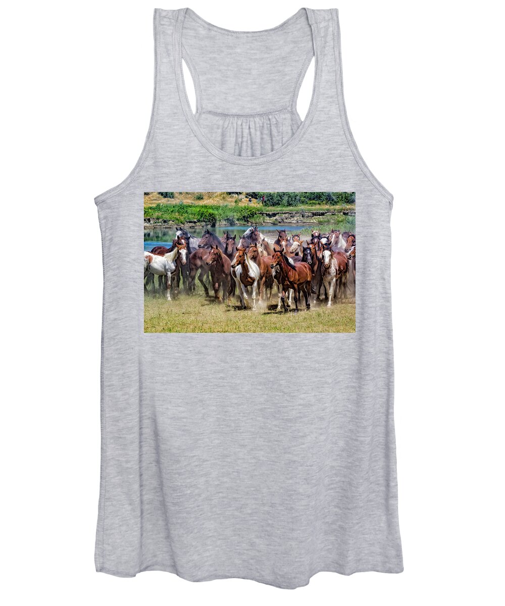 Little Bighorn Re-enactment Women's Tank Top featuring the photograph Indian Horse Roundup 1 by Donald Pash