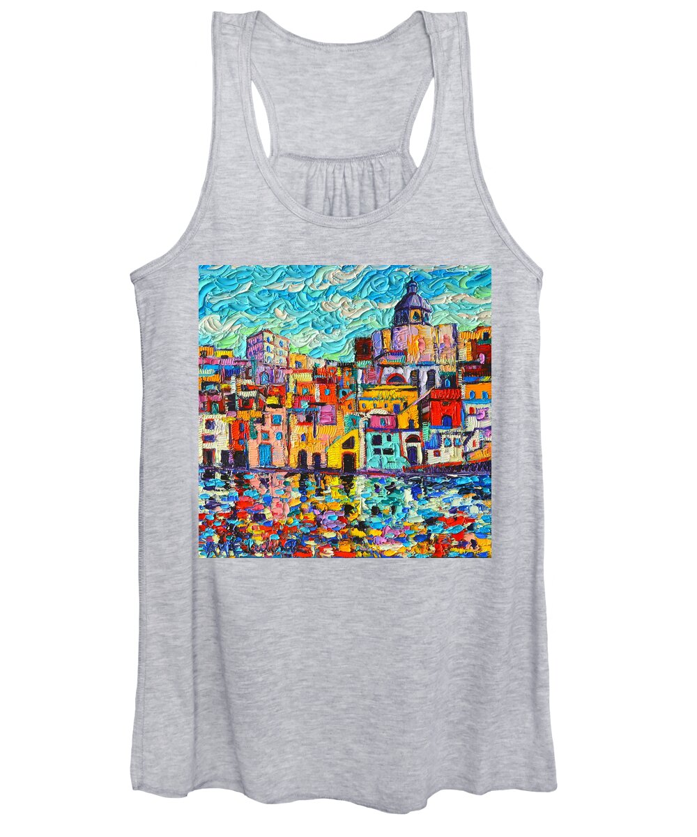 Procida Women's Tank Top featuring the painting Italy Procida Island Marina Corricella Naples Bay Palette Knife Oil Painting By Ana Maria Edulescu by Ana Maria Edulescu