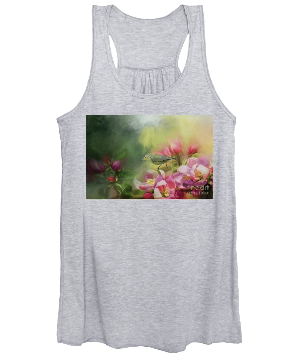 Japanese White-eye Women's Tank Top featuring the photograph Japanese white-eye on a blooming tree by Eva Lechner